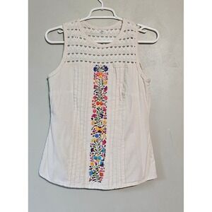 Boho Floral Embroidered‎ Crochet Lace Sleeveless Top Cream Pintuck Pleated Small